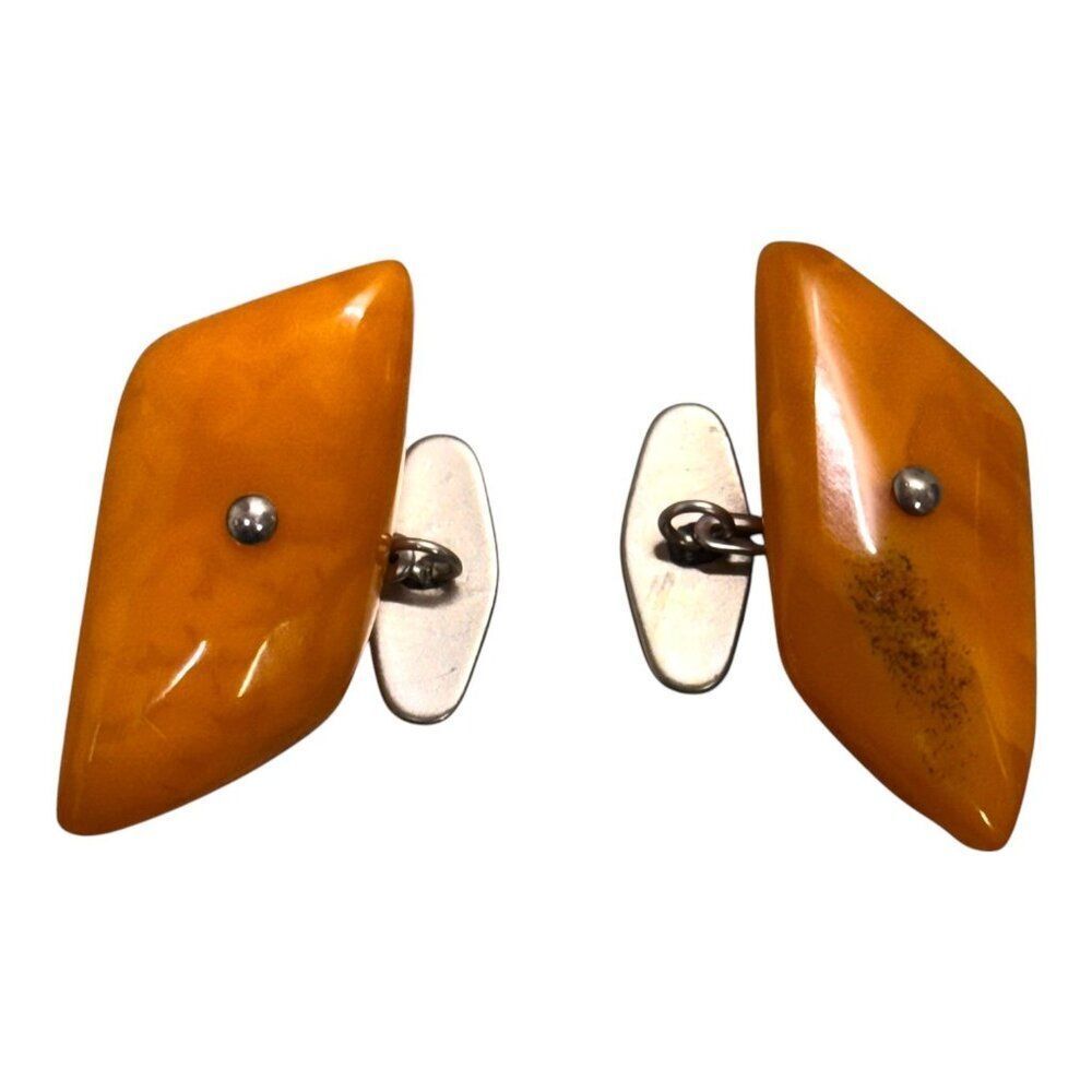 Vintage Butterscotch Egg Yolk Amber Sterling Silver Cufflinks Large 1" Dad Gift